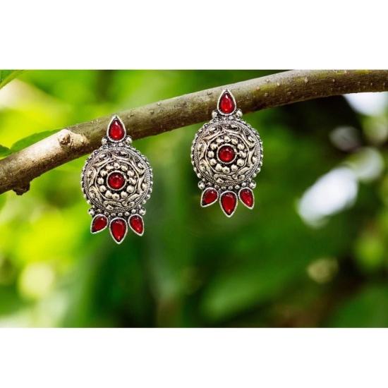 Oxidized German Silver Antique Look Afghani Chandbali Earrings With Maroon Stones