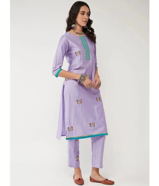 Pannkh Viscose Embroidered Straight Womens Kurti - Lavender ( Pack of 1 ) - None