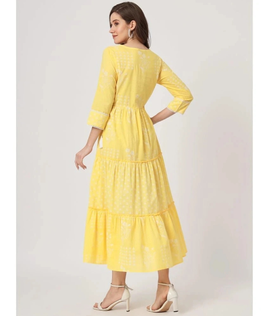 AMIRAS INDIAN ETHNICWEAR Cotton Printed Ankle Length Womens Fit & Flare Dress - Yellow ( Pack of 1 ) - None