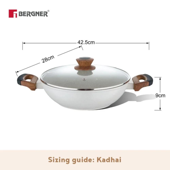 Bergner Naturally Marble Non Stick Kadhai with Glass Lid | Gas & Induction Compatible | Cream 2 Litre