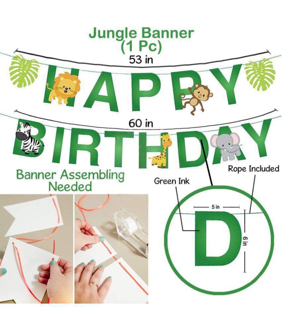 Party Propz 121Pcs Jungle Safari Theme Party Decorations Set Happy Birthday Banner, Jungle Theme Photobooth, Multicolour Latex Balloons, Green Foil Curtain, Glue Dot and Arc for Kids Birthda