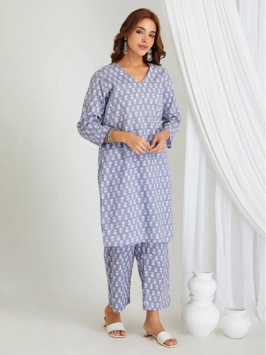 BREATHABLES Women Cotton Printed Loungewear Kurta and Pants Co-ord Set 3/4 Sleeve V Neck Comfort Loose Fit Lavender I Night Wear | Co-ord set | Lounge Wear Set