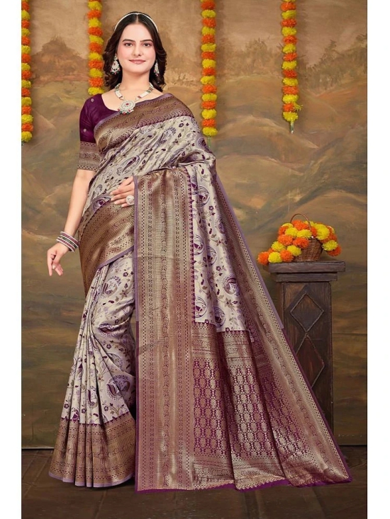 Om Shantam Sarees Kanjivaram Silk Woven Saree With Blouse Piece - Lavender ( Pack of 1 ) - Lavender