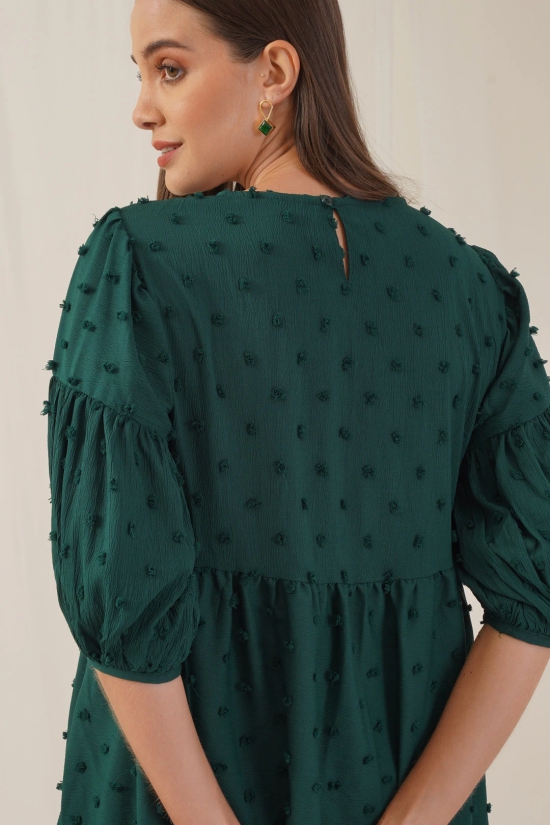 Women Georgette Puff Sleeves Tiered Dress-L / Green