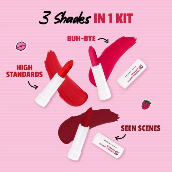 POPxo Makeup Mini Lip Kit - Left On Red (Set of 3) | Creamy, Matte Finish, Highly Pigmented, Red Shade Mini Lipsticks