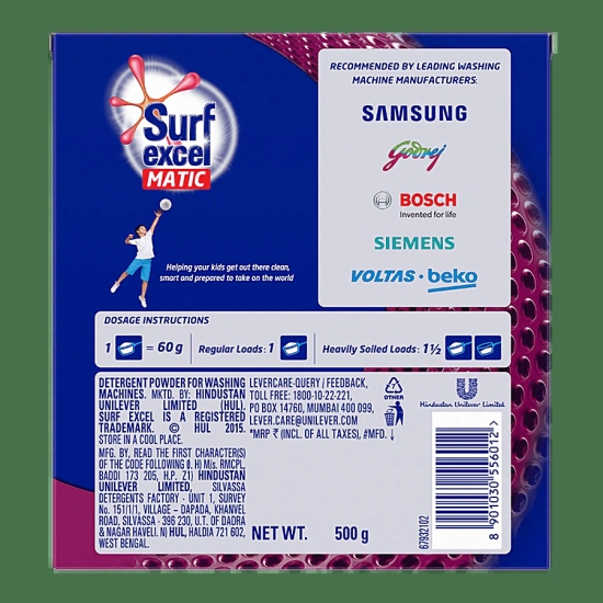 Surf Excel Matic Detergent Powder - Front Load, 500 G