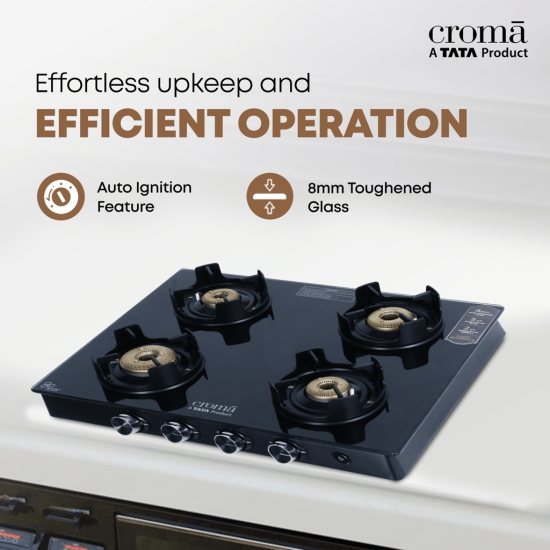 Croma Toughened Glass Top 4 Burner Automatic Gas Stove (Flame proof pan support, Black)