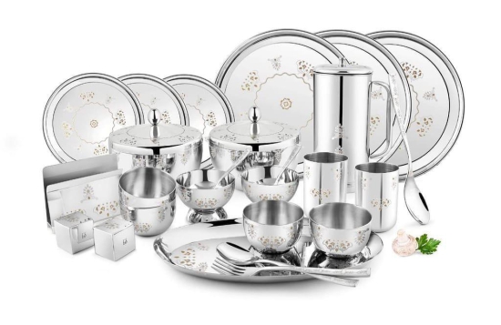 FnS Mandala 60pcs Stainless Steel Dinner Set (Quarter Plate, Full Plate, Glass, Serving Bowl, Desert Bowl, Glasses, Spoon & Rice Tray)