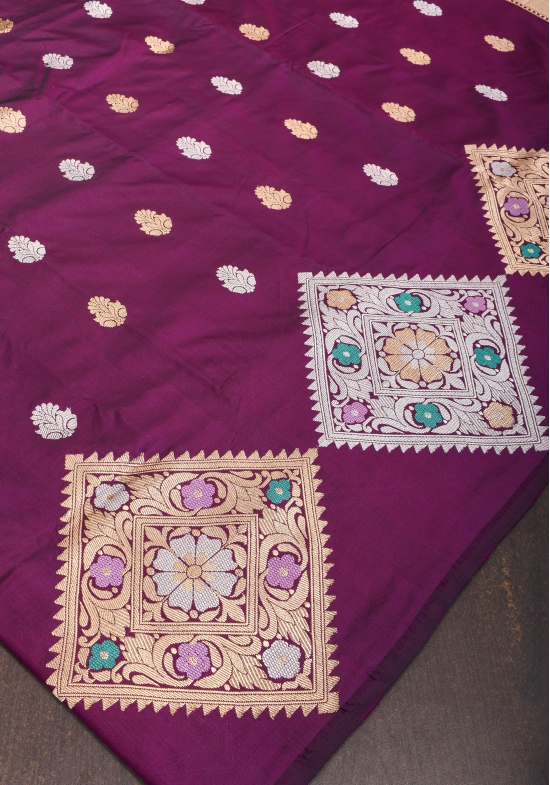 Exquisite Purple Banarasi Katan Silk Saree with Meenakari Geometric Motifs| SILK MARK CERTIFIED