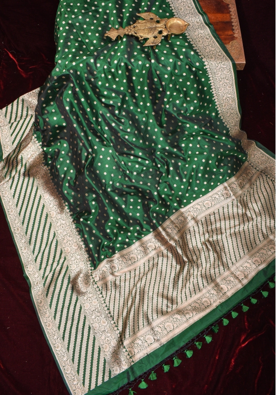 Bottle Green Banarasi Katan Silk Saree with Chunri Butis and Skirt Border | SILK MARK CERTIFIED