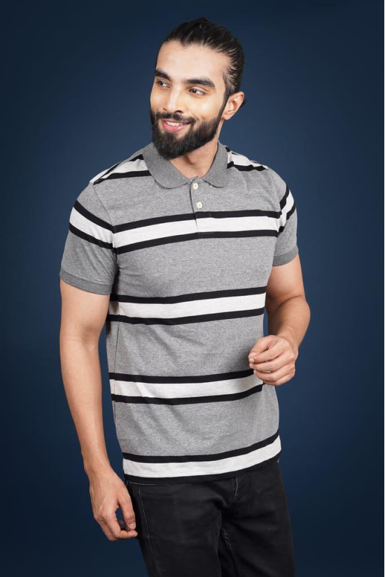 Men's Anthra Mel/Black/White Striped Polo T-Shirt