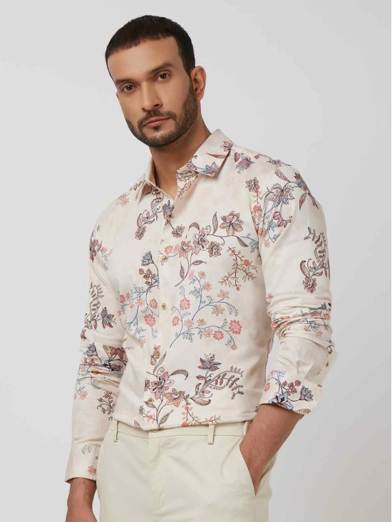 Beige Floral Print Slim Fit Casual Shirt