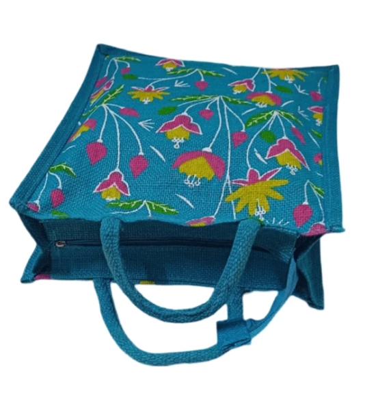 Blue Floral Jute Tote Bag