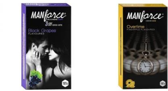 MANFORCE 3 in 1 (Ribbed Contour Dotted) Wild Black Grapes Flavoured Condoms- 10 Pieces & Overtime Pineapple 3in1 (Ribbed Contour Dotted) Condoms - 10 Pieces Condom (Set of 2 20 Sheets)