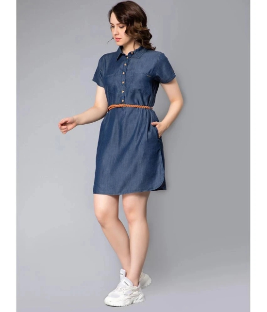 NUEVOSDAMAS Denim Solid Knee Length Womens Shirt Dress - Blue ( Pack of 1 ) - None