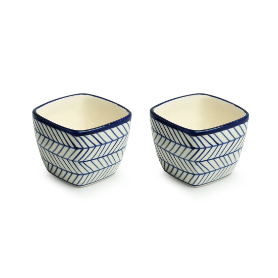 Indigo Chevron Duo Handpainted Ceramic Cuboidal Table Planter Pots (3.7 Inch, Set of 2)of 2)