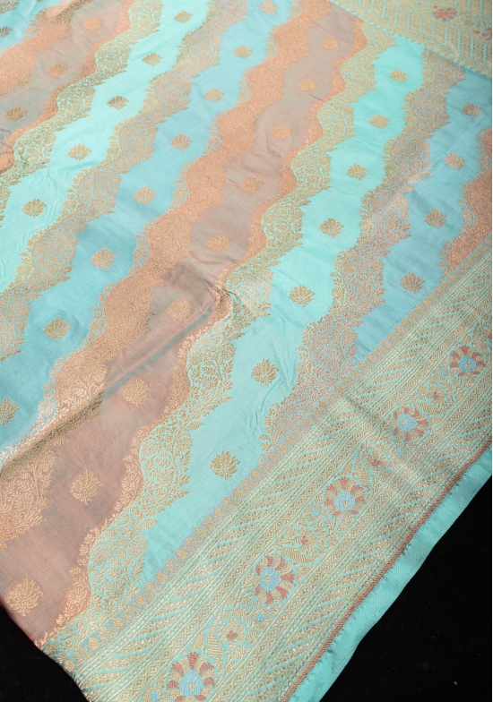 Sky Blue and Peach leheria Jaal Banarasi katan silk saree with zari Meenakari border | SILK MARK CERTIFIED