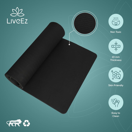 LiveEZ Anti-Skid Lightweight with perfect grip EVA Yoga Mat for Men and Women with Carry Bag (10mm,Black color)