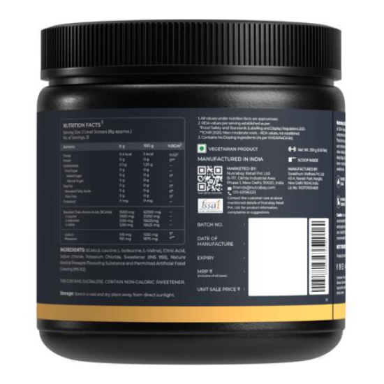 Nutrabay Gold BCAA 2:1:1 with Electrolytes - 5g Vegan BCAAs, Pre/Post Workout Energy Drink - 250g, Pineapple