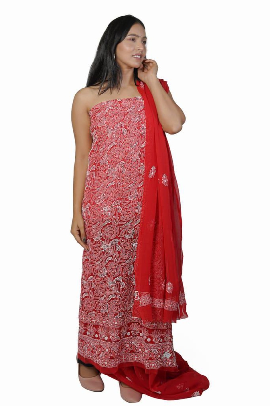 VASU INC. Handmade Lucknow Chikankari Red Unstitched Dress Material ms013