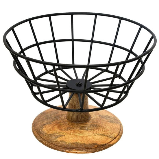 Cache wire basket with wooden stand in Black Color