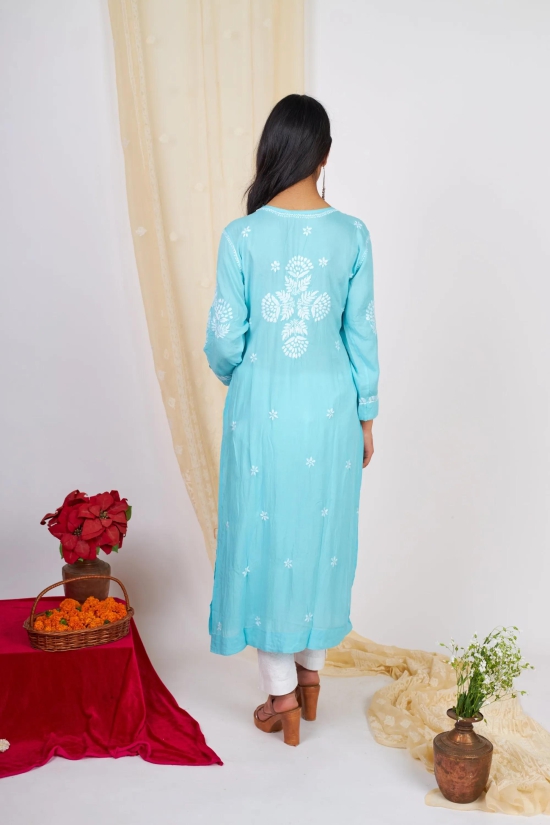 Modal Chikankari Nyra Kurti- Blue-Grey / XL