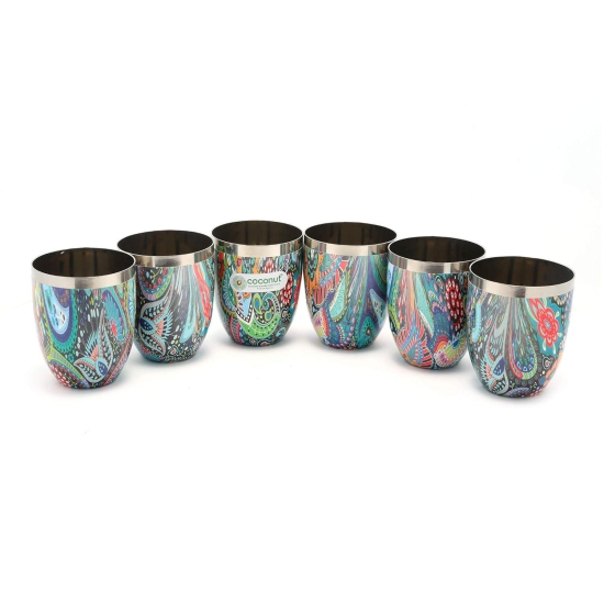 coconut Stainless Steel Printed Designer Multi Color Water Glass/Tumbler - Capacity -300ML -Pack of 6 Glasses