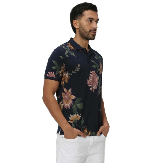 Navy & Multi Floral Print Pique Polo T-Shirt