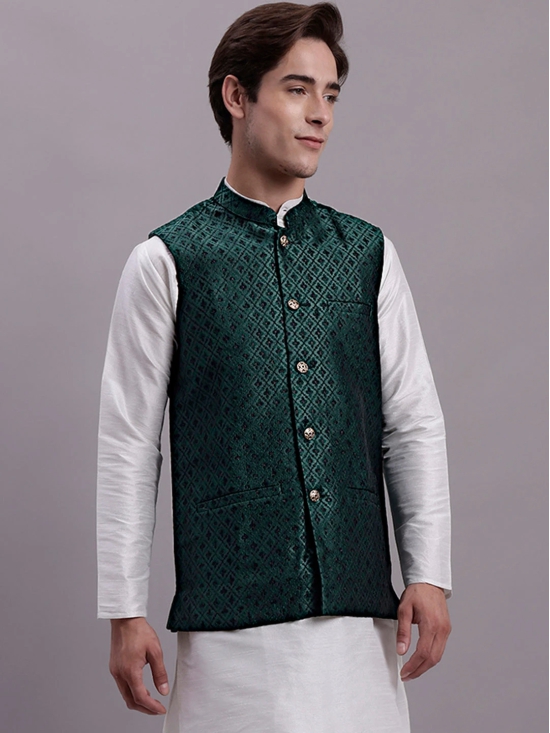 Mens Olive Green Woven Design Nehru Jacket With Solid Kurta Pyjama.-XXL / Olive-Green