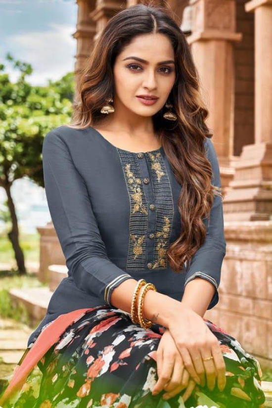 Chanderi Cotton Charcoal Grey Churidar Suit