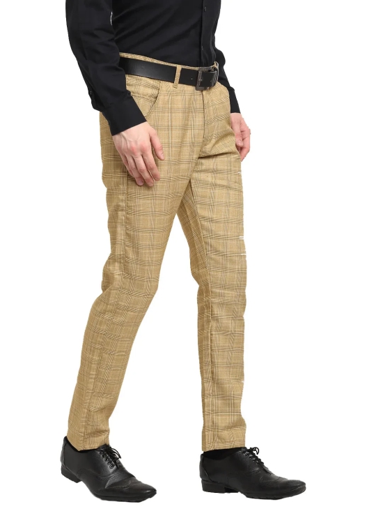 Indian Needle Men's Beige Cotton Checked Formal Trousers-30 / Beige