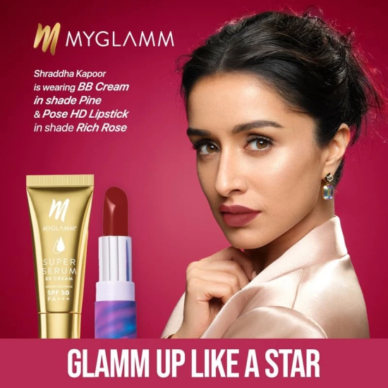 MyGlamm Combo Of Super Serum BB Cream 15g + POSE HD Lipstick | BB Cream With Hyaluronic Acid & SPF 50 & Long Lasting, Matte Finish HD Lipstick