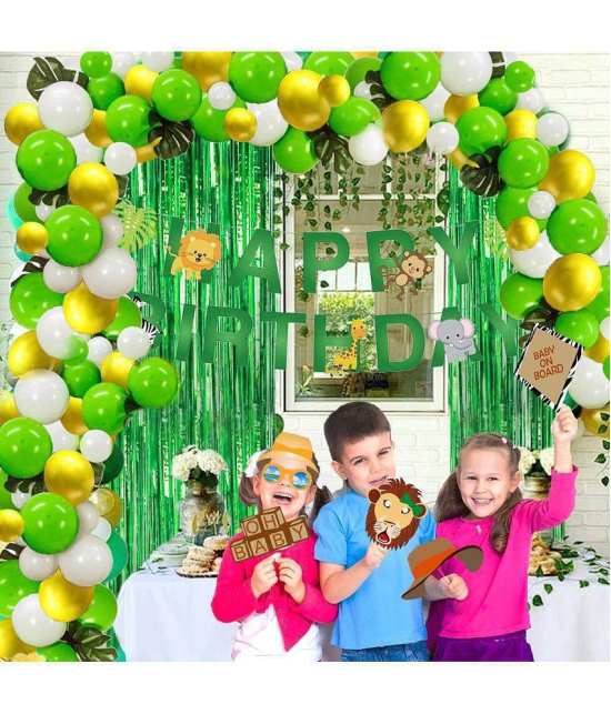 Party Propz 121Pcs Jungle Safari Theme Party Decorations Set Happy Birthday Banner, Jungle Theme Photobooth, Multicolour Latex Balloons, Green Foil Curtain, Glue Dot and Arc for Kids Birthda