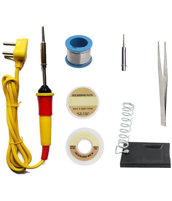 ALDECO: ( 7 in 1 ) SOLDERING IRON 25 Watt Professional Kit -Yellow Iron, Wire, Flux, Wick, Stand, Bit, Tweezer