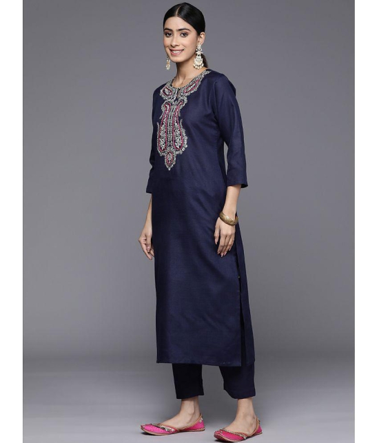 Varanga Cotton Blend Embroidered Kurti With Pants Women's Stitched Salwar Suit - Navy Blue ( Pack of 1 ) - None