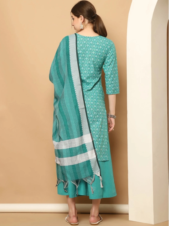 Printed green kurta with lace work, pallazos dupatta set-XL / Green