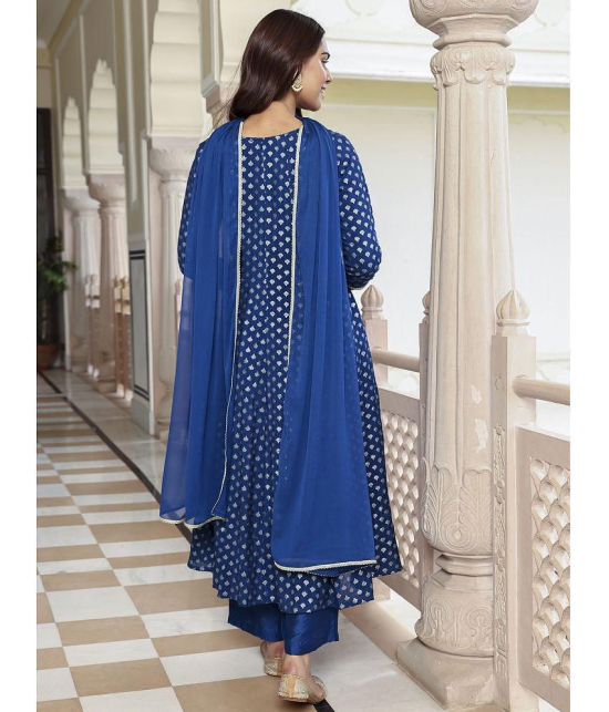 Janasya Brocade Printed Kurti With Palazzo Women''s Stitched Salwar Suit - Blue ( Pack of 1 ) - None