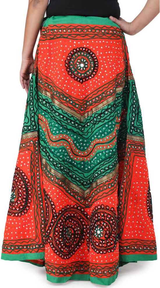 Orange And Green Long Ghagra Skirt from Jaipur with Aari Embroidery and Sequins