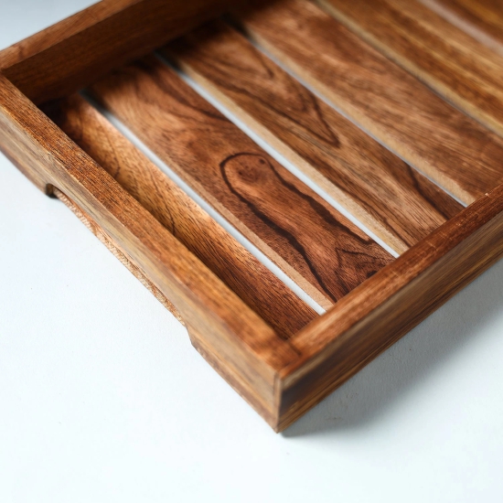 Hand Carved Natural Neem Wooden Tray (12 x 8 in)