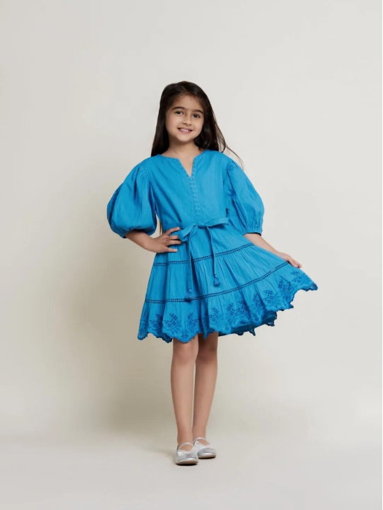 Etoile Puff Sleeves Cotton Slub Girls Dress - Blue-12-13Y