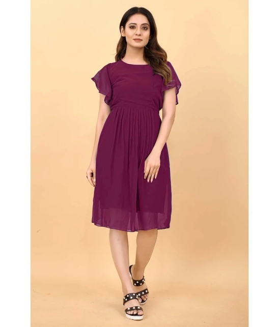 JASH CREATION Georgette Solid Knee Length Womens Fit & Flare Dress - Purple ( Pack of 1 ) - None