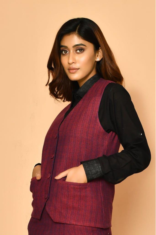 Red V-neck Handloom Cotton Jacket