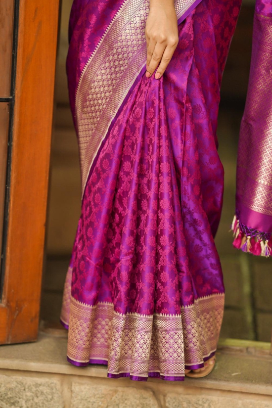 Purple Exquisite Tanchoi Floral Banarasi Saree in Pure Silk Satin with Zari detailing | SILK MARK CERTIFIED