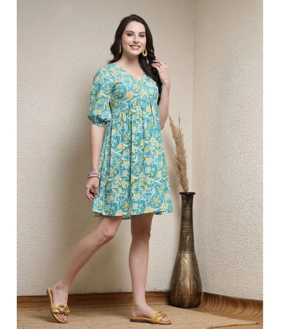 Stylum Cotton Printed Above Knee Womens A-line Dress - Turquoise ( Pack of 1 ) - None