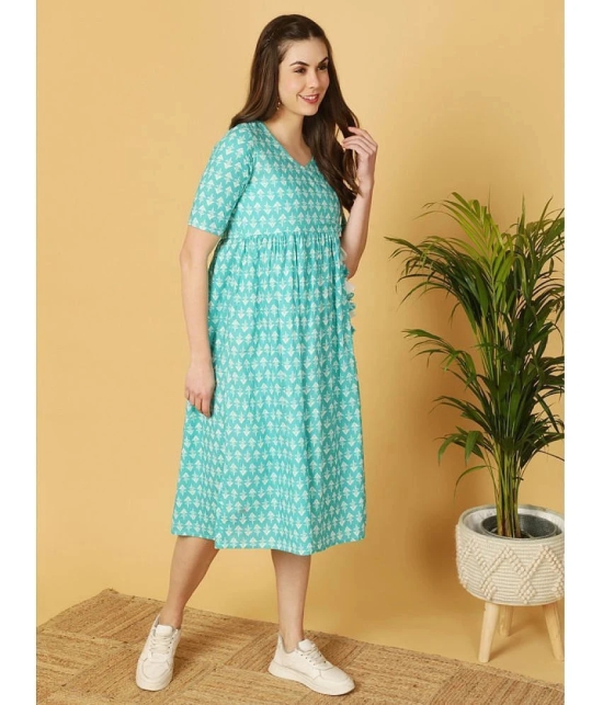 Antaran Cotton Printed Ankle Length Womens Fit & Flare Dress - Sea Green ( Pack of 1 ) - None