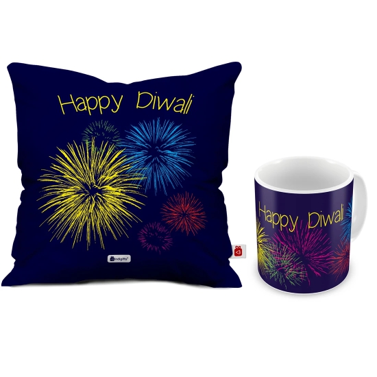 Indigifts Diwali Gift Items Happy Diwali Quote Blue Cushion Cover 12x12 with Filler & Mug - Diwali Gift Items, Diwali Decoration Items, Deepavali Festival, Dipawli Gifts, Deepawali Greetings