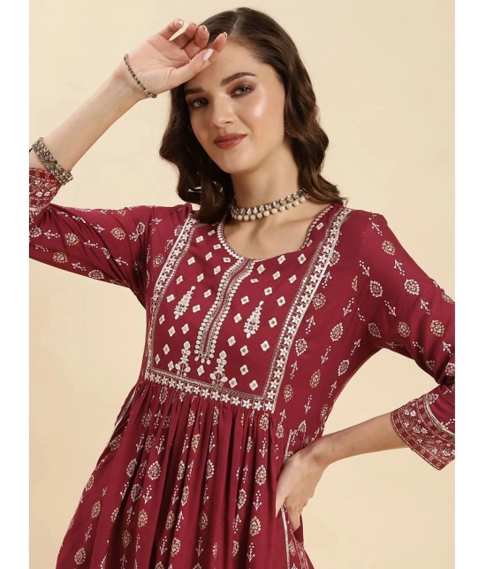 Rangita Women Rayon Maroon Yoke Embroidered Calf Length Nayra Style Kurti - None