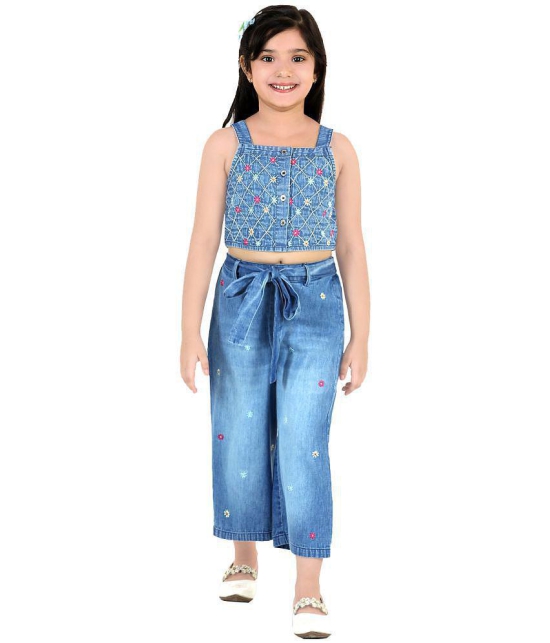 Naughty Ninos Girls Blue Floral Emboidered Top with Palazzo - None