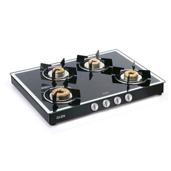 Glen 4 Burner LPG Gas Stove Mirror Finished Glass High Flame Forged Brass Burner, Extra Wide, Black (1048 GT FB MBL)