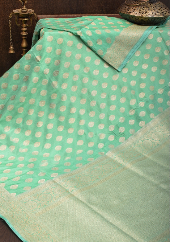 Banarasi Katan Silk Saree in Mint Green and Gold with Zari Motifs | SILK MARK CERTIFIED